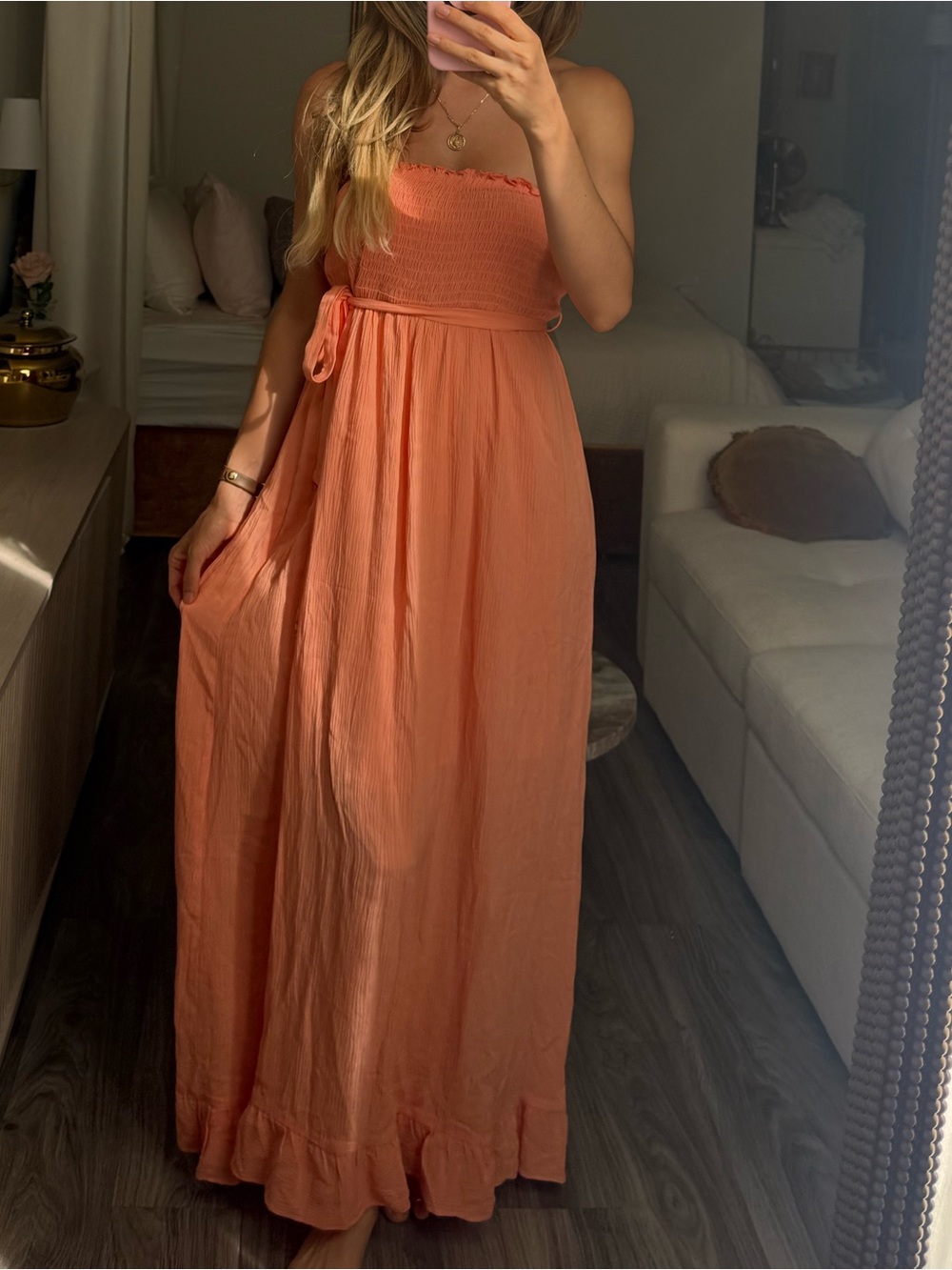 Juicy Couture Y2K Coral Strapless Smocked Ruffle Maxi Dress Gold Logo S